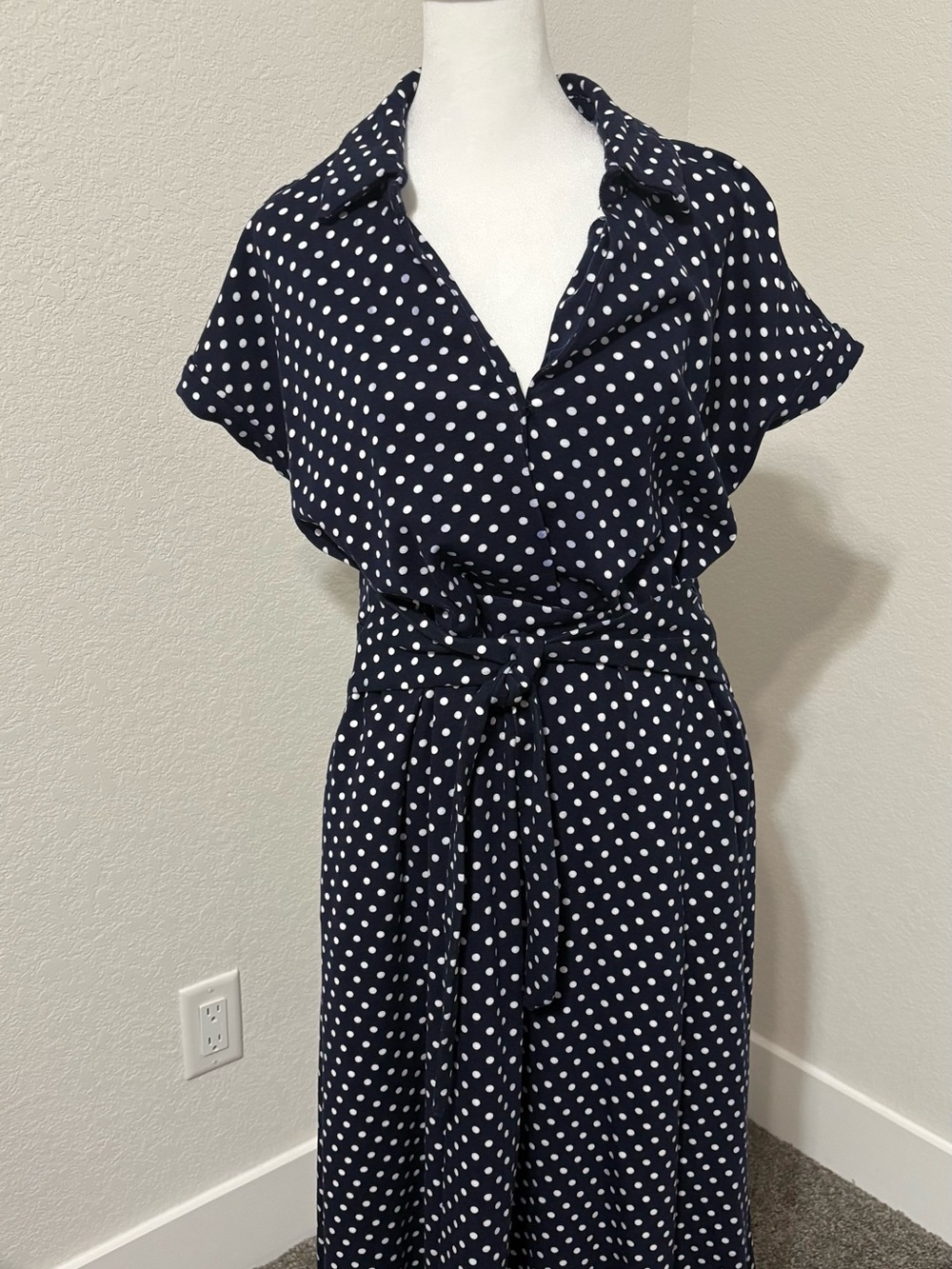 MSK Navy and White Polka Dot Midi Dress